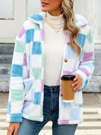 Casaco Teddy com Estampa Xadrez e Bolsos Remendados, Sobretudo de Inverno com Mangas Longas e Fechamento Único, Roupas Femininas