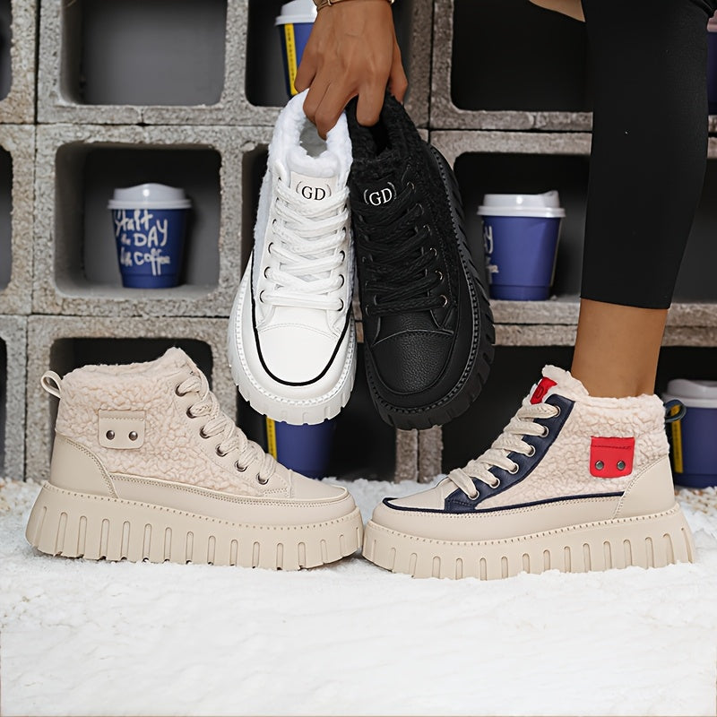 Botas Femininas de Inverno 2025, Cano Alto e Grosso com Forro de Fleece, Sapatos Esportivos Versáteis com Sola Grossa para Clima Frio