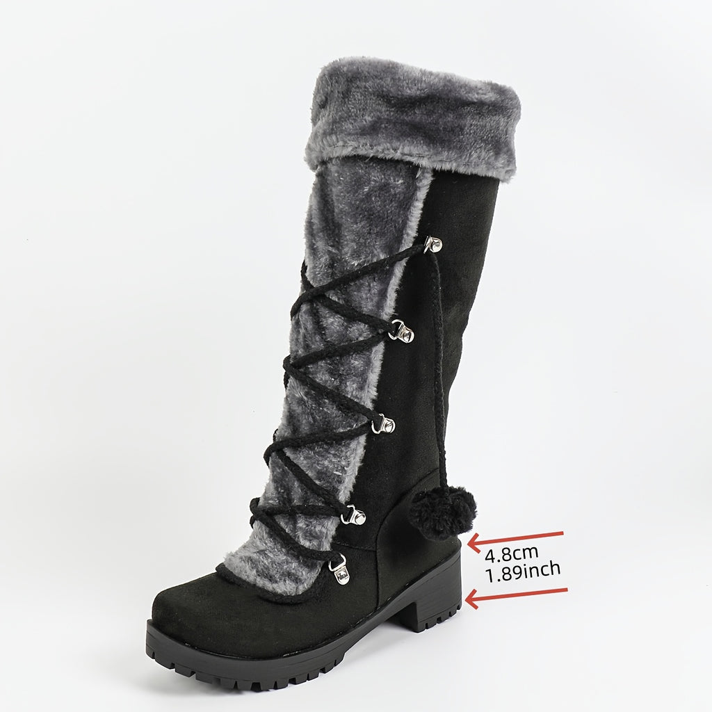 Botas de Inverno Elegantes para Mulheres com Forro de Pele Sintética - Botas de Cano Médio Aconchegantes com Salto Grosso, Detalhes de Pompom e Zíper Lateral | Botas Térmicas Isoladas para Clima Frio, Botas de Inverno