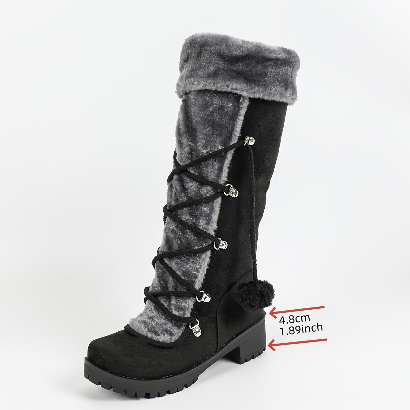 Botas de Inverno Elegantes para Mulheres com Forro de Pele Sintética - Botas de Cano Médio Aconchegantes com Salto Grosso, Detalhes de Pompom e Zíper Lateral | Botas Térmicas Isoladas para Clima Frio, Botas de Inverno