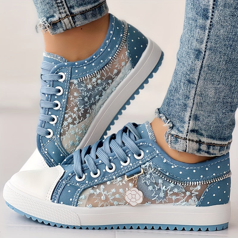 Tênis Casual Feminino com Malha Floral e Cobertura - Sapatos de Primavera Respiráveis de Cano Baixo com Cadarço e Bico Redondo, Calçado Confortável e Durável para Looks Casuais, Tênis Femininos, Calçado Estiloso ChicMe