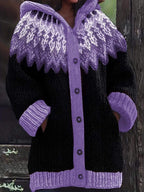 Casaco Plus Size Feminino de Inverno, Elegante com Capuz, Jacquard Macio e Grosso em Degradê de Montanha e Geleira, Tie-Dye, Confortável e Casual, Cardigan Vintage para Presente ou Dia a Dia