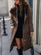 Casaco de inverno longo e quente com capuz forrado de pele sintética para mulher - Acolhedor e quente, com fecho de correr, ajuste solto e casual, cor castanha sólida, perfeito para looks de clima frio, casacos de inverno