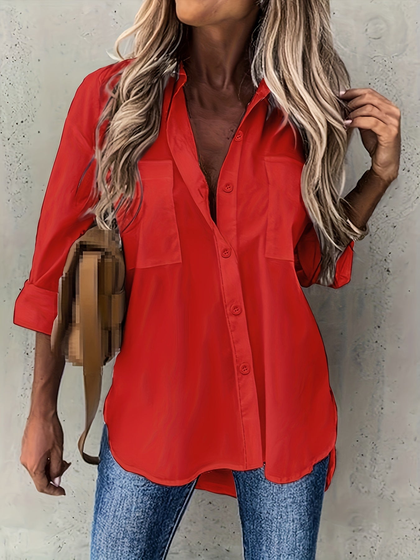 Camisa de botão casual de manga comprida para mulher - Cor sólida, corte relaxado, design de manga 3/4 com bolso no peito, top versátil para todas as estações para atuário casual, vestuário casual | Camisa de corte relaxado | Frente de botão