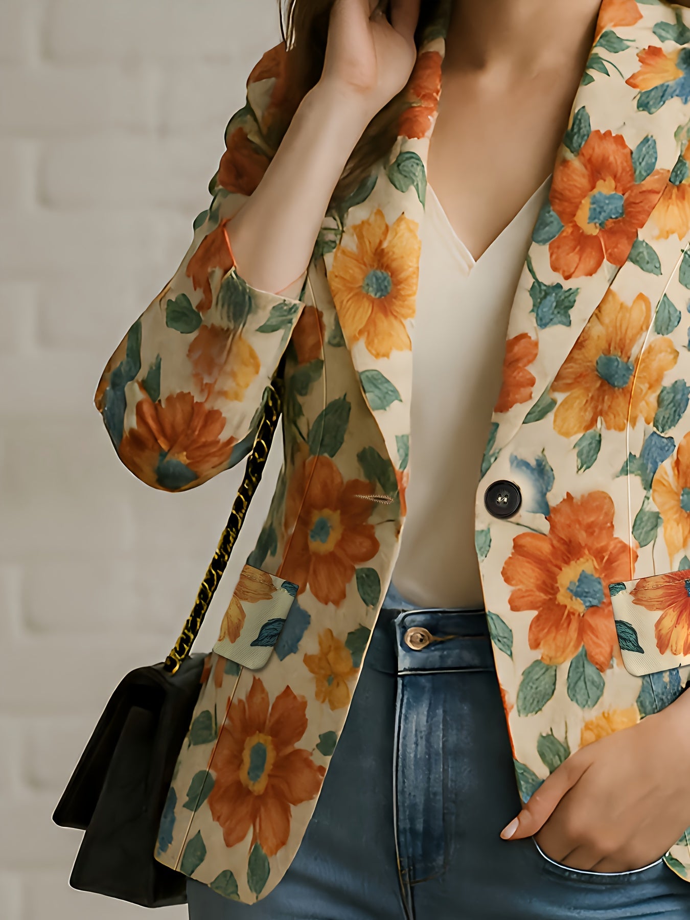 Chic e Elegante, esta Blazer elegante apresenta um único botão e um estampado floral.
