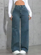 Calças de ganga azul retas com cintura alta e elásticas para mulheres, confortáveis e estilosas 2025, estilo casual, feitas em tecido lavado retrô durável e ajustadas ao corpo, perfeita para streetwear