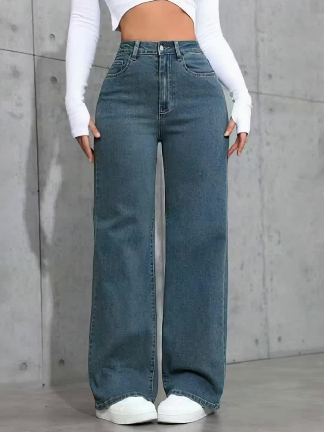 Calças de ganga azul retas com cintura alta e elásticas para mulheres, confortáveis e estilosas 2025, estilo casual, feitas em tecido lavado retrô durável e ajustadas ao corpo, perfeita para streetwear