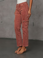 Jeans de Cintura Subida Elásticos para Mulher | Perna Reta, Modernos e Versáteis, Fecho de Botão, Detalhes de Bolsos, Adequados para o Fim de Semana Casual