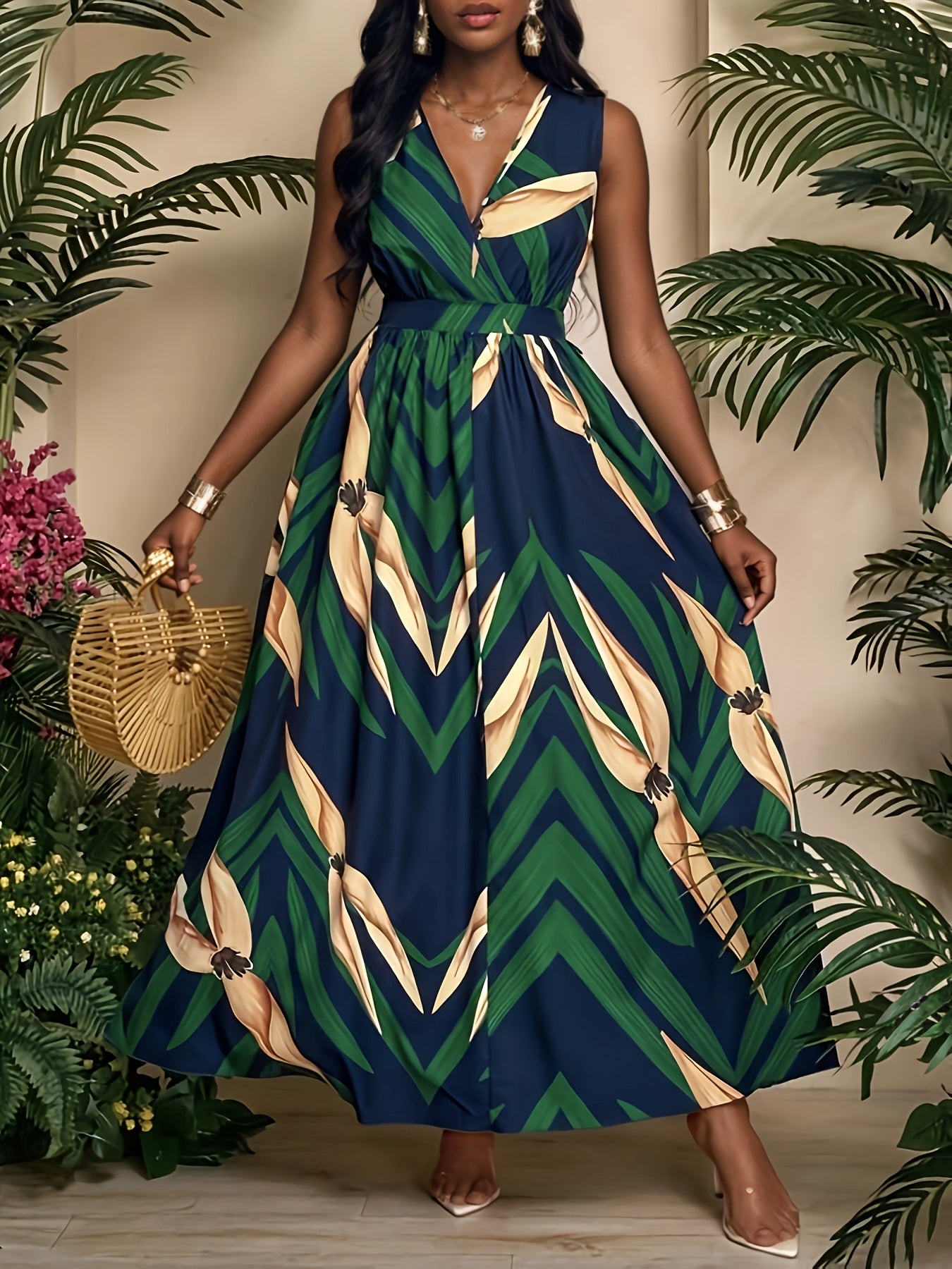 Vestido Maxi A-Line com Estampa Tropical de Palmeira - Azul Marinho e Turquesa Manga Sino, Cintura Curta & Comprimento Fluído para Casamentos na Praia, Festas Eventos Verão - Lavável à Máquina Elegante no Espirito Resort