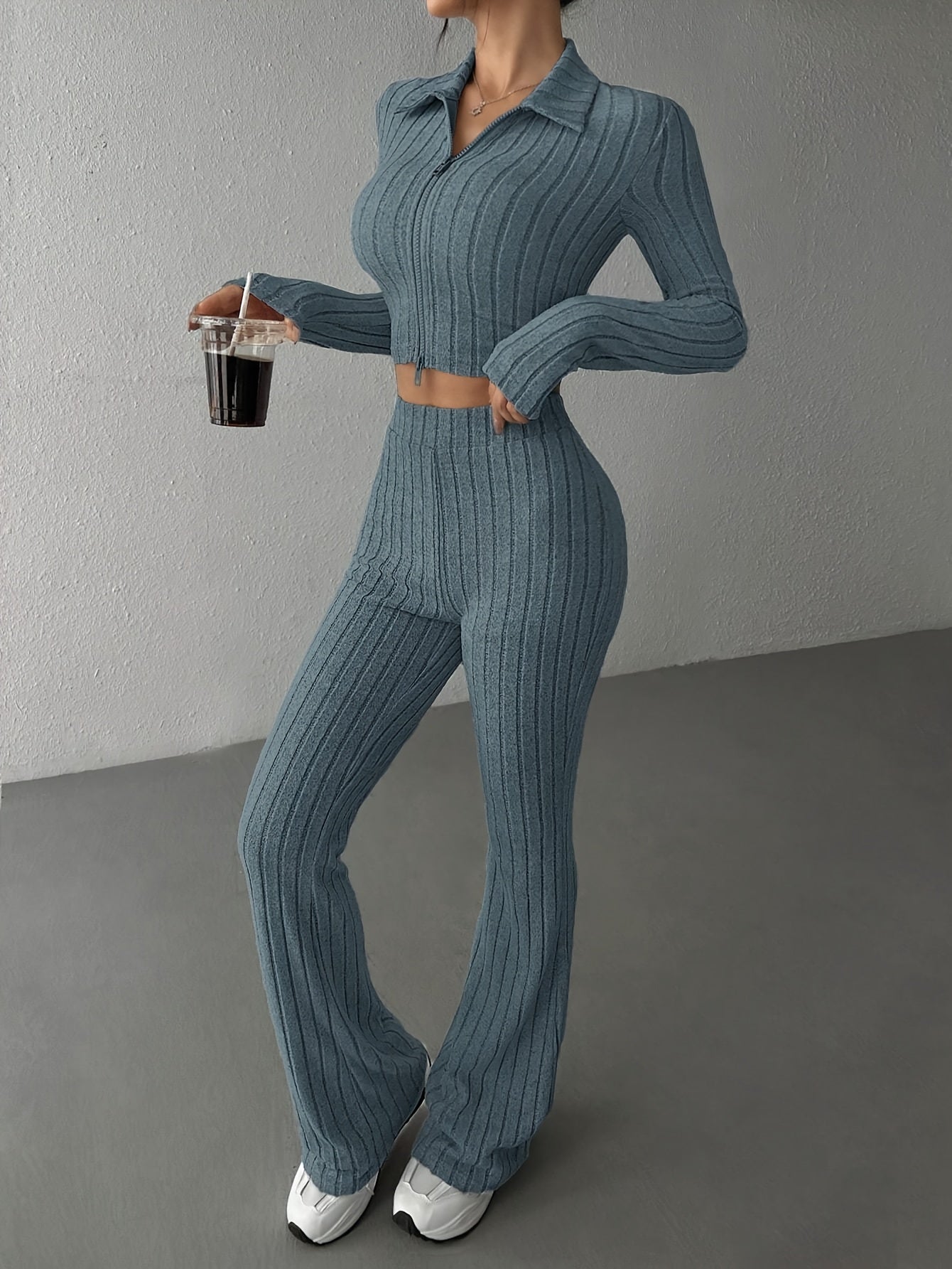 Cardigã Cropped e Calça Wide-Leg de Cintura Alta em Cores Sólidas para Primavera/Outono Casual e Estilosa