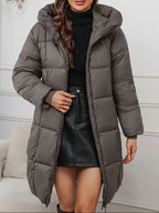 Casaco de Inverno Comprido Elegante com Capuz para Mulher - Casaco Leve com Fecho Completo e Bolsos, Roupa Exterior Quente de Comprimento Médio para Clima Frio, Cor Sólida, Corte Normal, Sem Cinto, Mangas Compridas, Casacos de Inverno