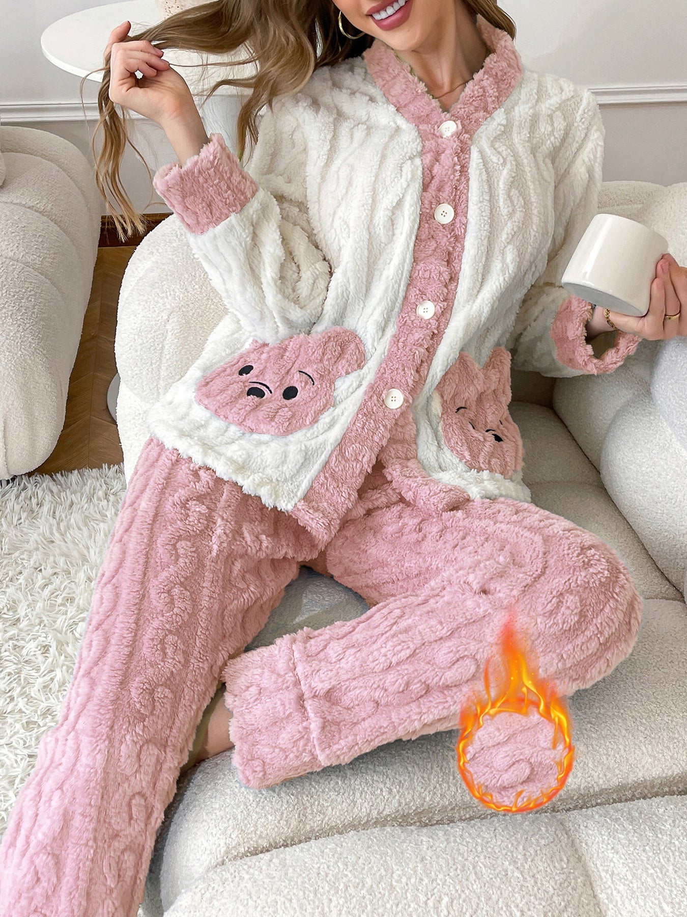 Conjunto de Pijama Novo Outono/Inverno, Manga Longa e Pernas, Urso Bordado com Design Canguru, Quente e Confortável, Casual Jacquard Solto para Adolescentes