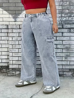 Calças de carga azul claro para mulheres de tamanho grande - Denim de alta elasticidade com bolsos, estilo casual, conforto para todas as estações, moda confortável | Calças de estilo casual | Tecido de alta elasticidade, calças de mulher, overalls de denim para mulher, calças de mãe para mulher