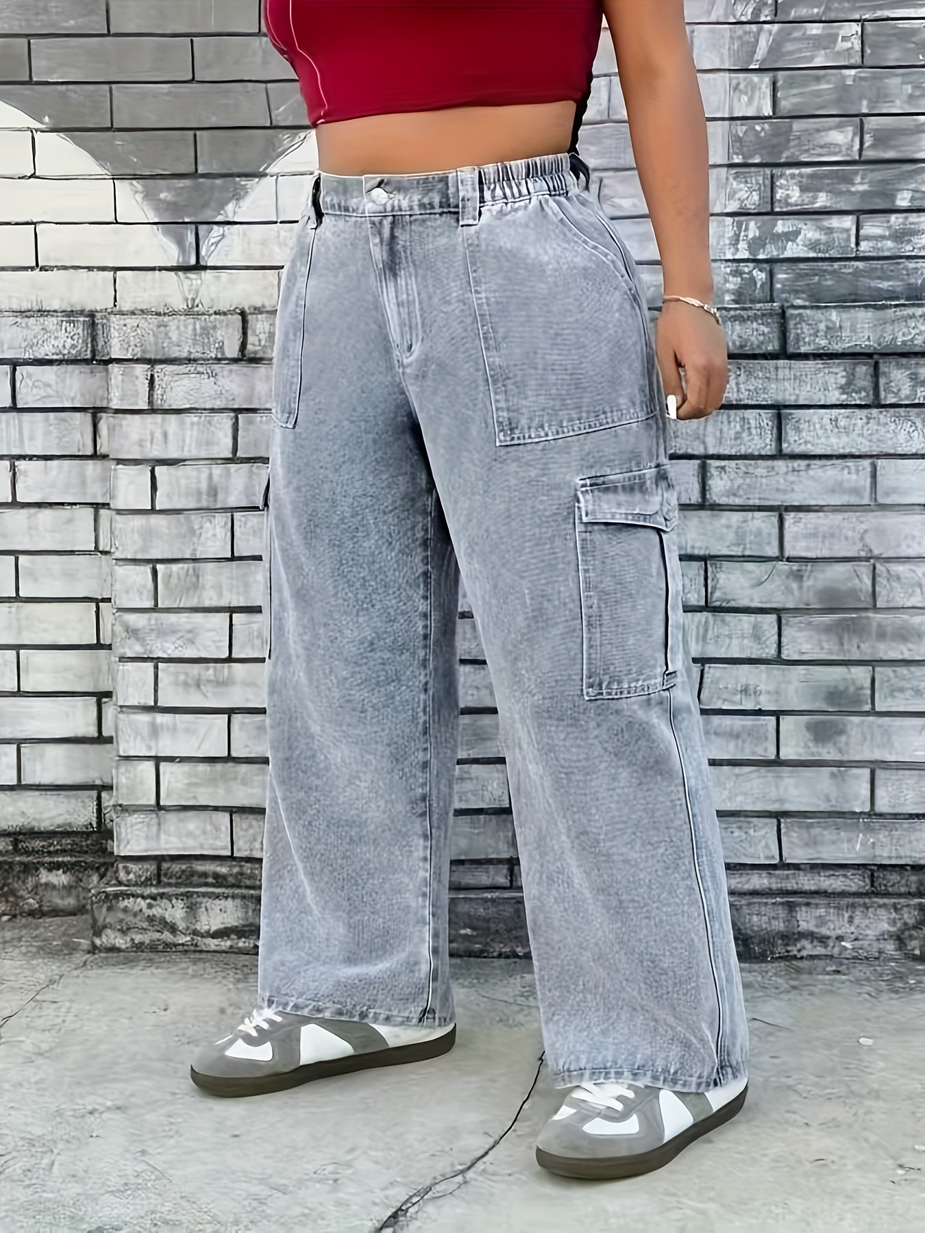 Calças de carga azul claro para mulheres de tamanho grande - Denim de alta elasticidade com bolsos, estilo casual, conforto para todas as estações, moda confortável | Calças de estilo casual | Tecido de alta elasticidade, calças de mulher, overalls de denim para mulher, calças de mãe para mulher