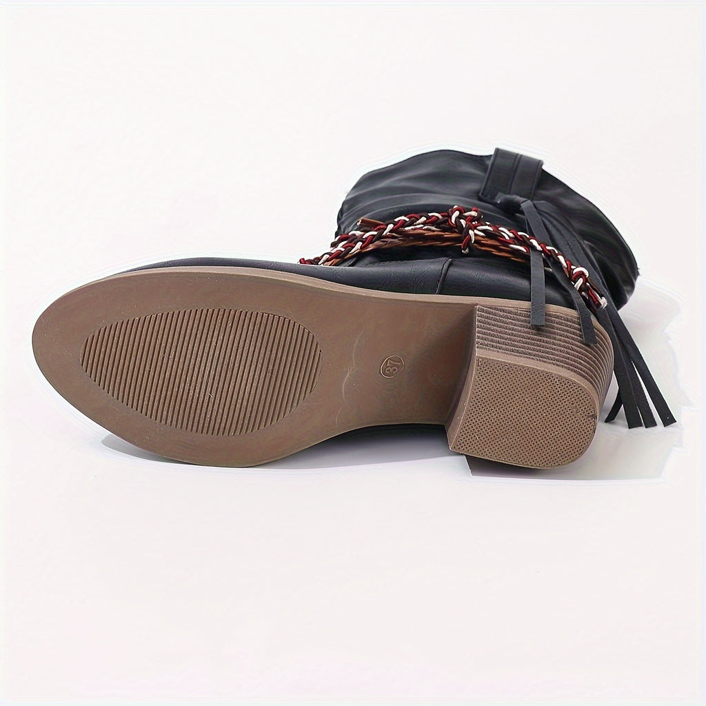 Botas de cowboy ocidentais para mulheres com franja e fivela trançada, salto bloco, bico redondo, confortáveis e versáteis