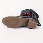 Botas de cowboy ocidentais para mulheres com franja e fivela trançada, salto bloco, bico redondo, confortáveis e versáteis