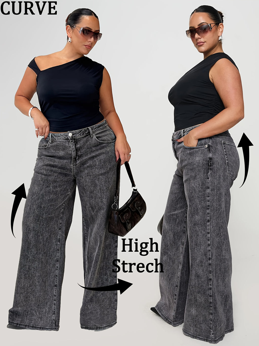 Jeans de ganga de tamanho grande para mulher, calças de perna larga cinzentas modernas e fashion para estilo europeu e americano, confortáveis e versáteis.