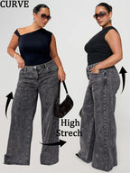 Jeans de ganga de tamanho grande para mulher, calças de perna larga cinzentas modernas e fashion para estilo europeu e americano, confortáveis e versáteis.