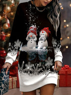 Camisola elegante com estampado de boneco de neve para mulheres - Tecido de malha de poliéster, decote redondo, para todas as estações, elasticidade, estilo de pulôver, design festivo de Natal