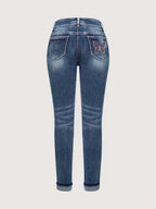 Jeans de Ganga Retos Bordados e Elásticos para Mulher | Estilo Casual, Padrão Geométrico, Para Usar em Todas as Estações