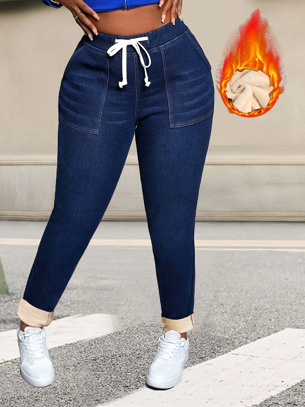 Jeans Skinny Azuis de Corte Plus Size com Cordão | Detalhe Elegante de Inverno em Cor Sólida e Alta Elasticidade