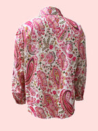 Jaqueta Camisa Feminina Rosa com Estampa Paisley e Botões - Blusa Elegante com Gola, Lavável na Máquina, Caimento Solto para Uso Casual e Formal em Todas as Estações, Símbolo da Scottish Terence Higgins Trust (Não)