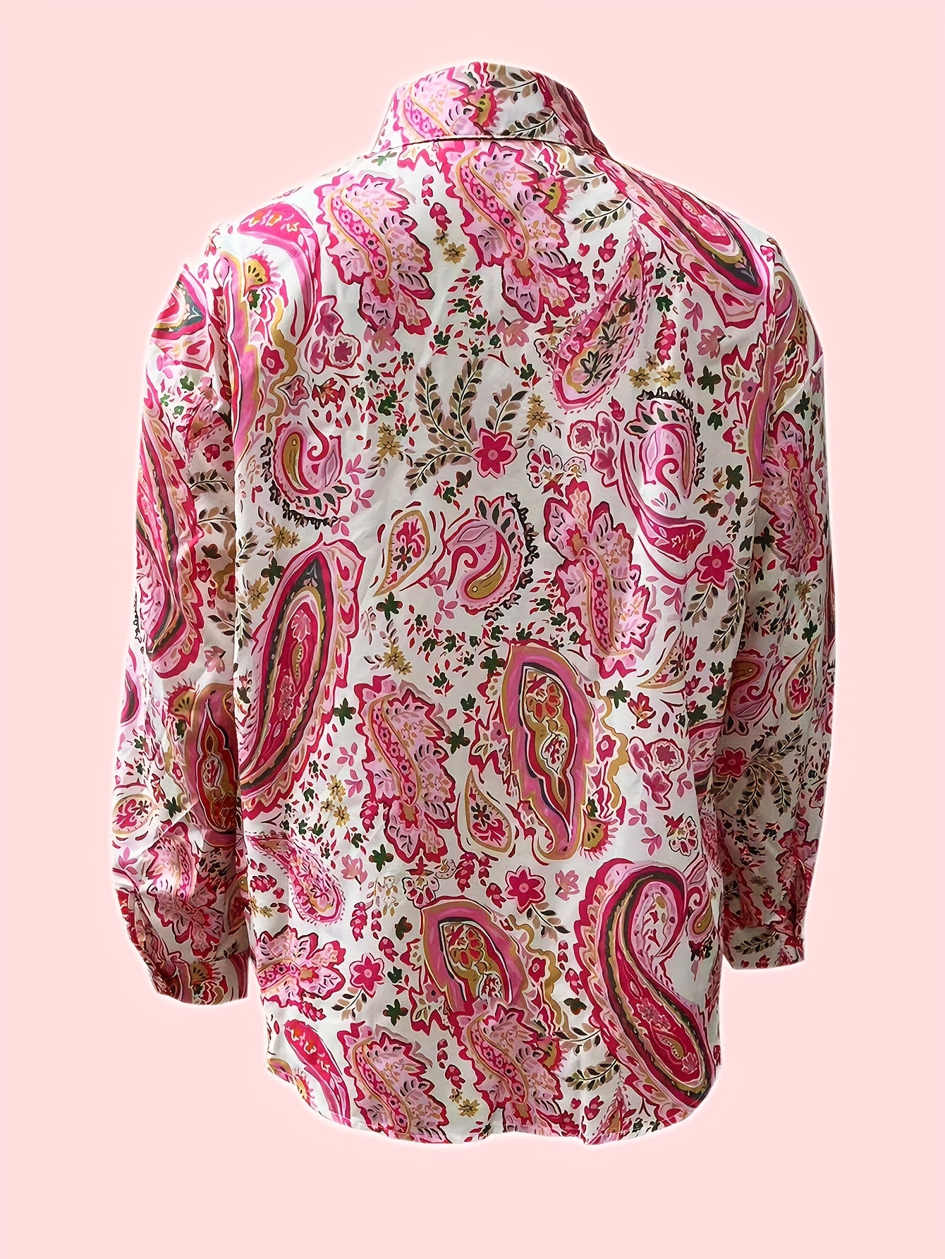 Jaqueta Camisa Feminina Rosa com Estampa Paisley e Botões - Blusa Elegante com Gola, Lavável na Máquina, Caimento Solto para Uso Casual e Formal em Todas as Estações, Símbolo da Scottish Terence Higgins Trust (Não)