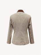 Jaqueta Blazer Elegante com Lapela em Formato H - Clássico de Um Botão, Gola Lapealada e Listras Marrom/Bege, Detalhes Brancos & Butões Dourados - Lavável à Máquina para Inverno, Escritório Formal (Sem Cinto)