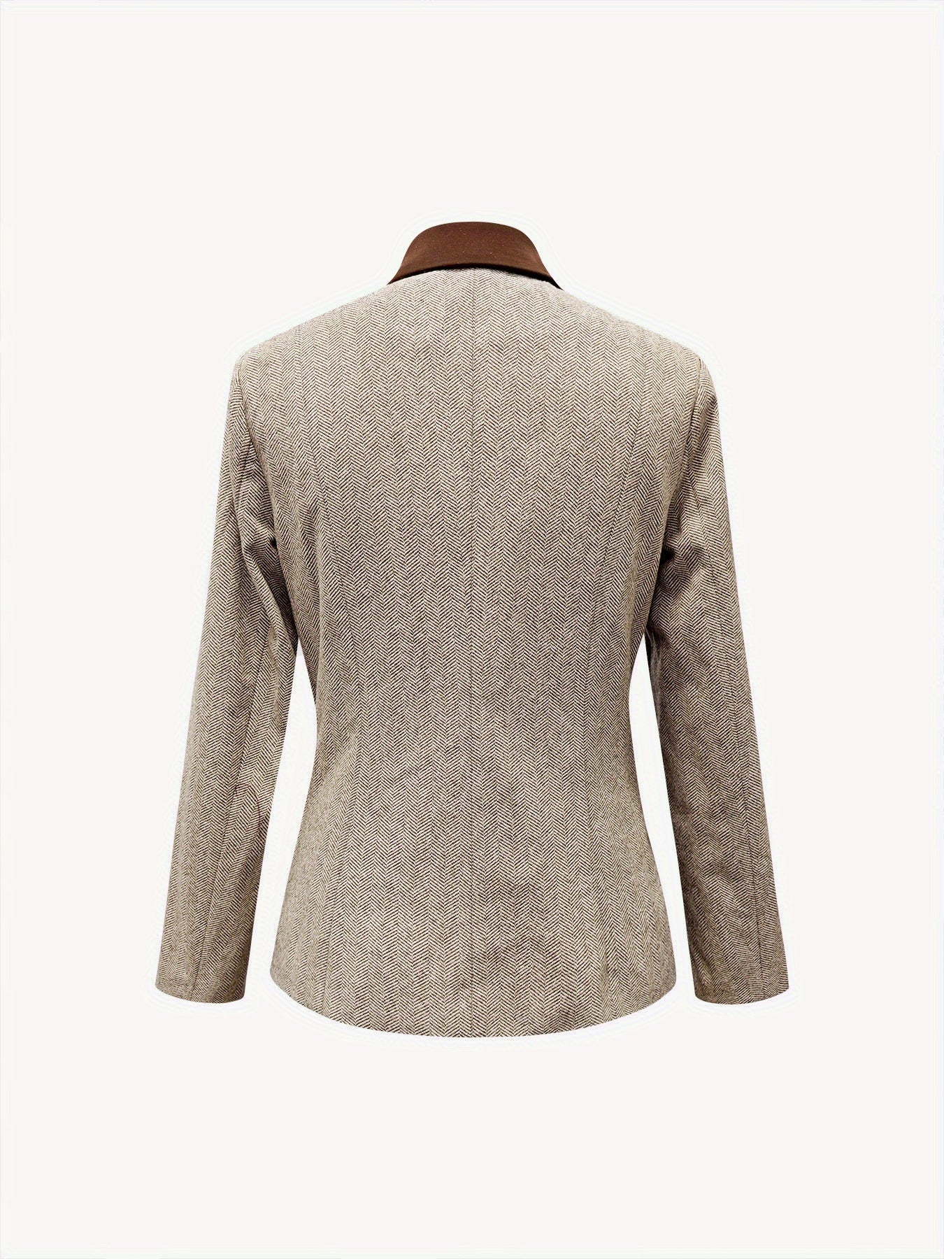 Jaqueta Blazer Elegante com Lapela em Formato H - Clássico de Um Botão, Gola Lapealada e Listras Marrom/Bege, Detalhes Brancos & Butões Dourados - Lavável à Máquina para Inverno, Escritório Formal (Sem Cinto)
