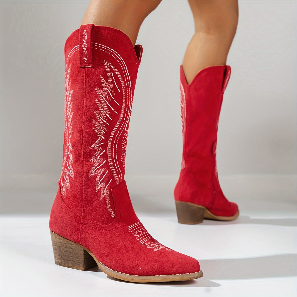 FOMOTI Botas de Cowboy Femininas com Bico Fino e Salto Bloco - Fechamento com Zíper, Salto Médio para Montaria, Solado em TPR/Borracha e Tecido para Jeans, Botas de Vestir para Cavalgada, Uso Casual e Western - Duráveis e Confortáveis