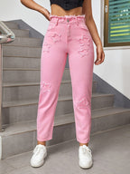 Calças Jeans Femininas de Cintura Alta com Remendos Estrelados Desgastado, Modelo Mom Fit e Ajuste Solto