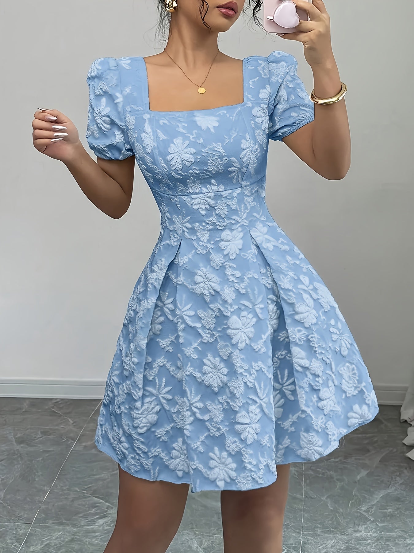 Vestido elegante feminino em A com padrão floral - Festa formal e casual, Casamento, Roupa do dia a dia - Corte elogiador para eventos de outono/inverno - Roupa feminina chique para todas as estações, Moda de inverno, Mangas balão, Costura de qualidade, Roupa elegante, Amantes da moda