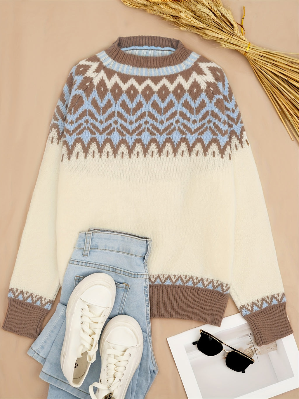 Blusa Feminina Elegante Casual Étnica/Geométrica - Blusa de Inverno Quente com Bloco de Cores e Gola Redonda, Lavável na Máquina, Confortável para Camadas de Outono/Inverno, Novidade 2024 (Poliéster) - Coleção Elegante para Vestidos e Blusas