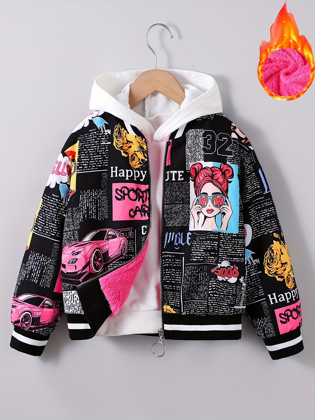 Jaqueta Bomber Aconchegante com Forro de Fleece e Estampa de Pop Art para Meninas - Casaco Casual com Zíper Estilo Baseball para Outono/Inverno, Tamanhos 130-170