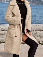 Casaco Comprido Felpudo Feminino com Detalhes de Botões - Cor Sólida, Roupa Exterior Quente de Outono/Inverno, Textura Fofo, Lavável na Máquina, Perfeito para Clima Frio, Roupa de Inverno | Casaco Comprido Fofo | Tecido Macio