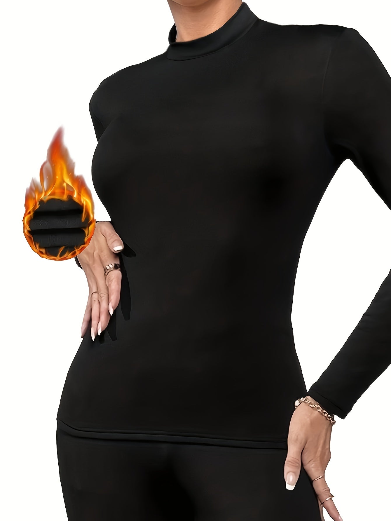 Top Térmico Feminino - Tecido Macio e Elástico, Preto Sólido, Lavável à Máquina, Corte Slim para Uso Casual