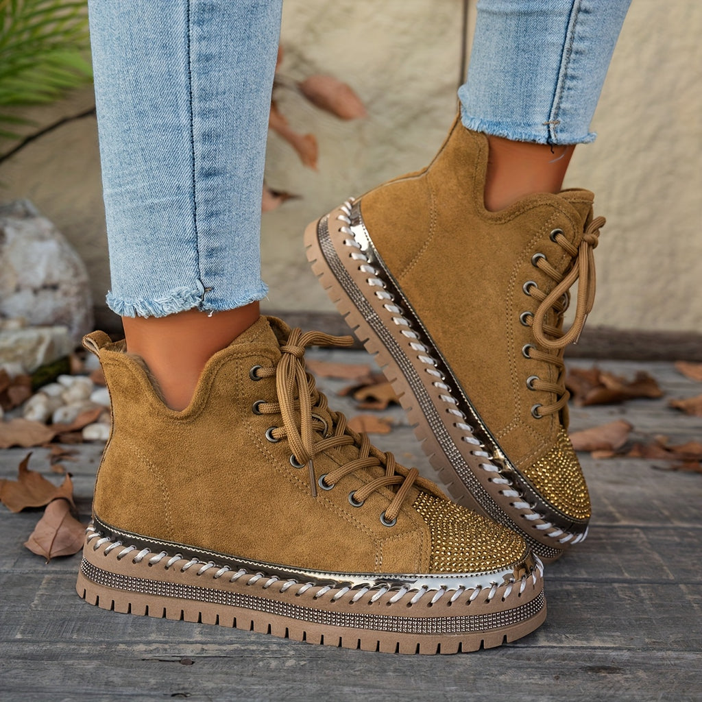 Botas de Inverno com Plataforma Grossa, Decoradas com Strass e Cadarço para Mulheres - Botins Cano Curto em Fleece, Sola Espessa de Borracha Redonda na Ponta, Brilhantes Bota de Neve para Natal, Ano Novo & Clima Frio (Preta) - Estilo Moda Coreana