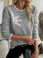 Camisola Vermelha Aconchegante para Mulher com Design de Flocos de Neve - Gola Redonda Casual, Manga Comprida, Conforto para Todas as Estações, Roupa Casual, Moda de Inverno, Camisola Aconchegante, Roupa de Inverno