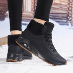 Botas de inverno para mulheres com cano médio, forro de lã espessa e parte superior de PU respirável - Botas de neve com biqueira redonda para clima frio, looks casuais e desportivos, botas de inverno, calçado para exterior, calçado moderno, construção durável
