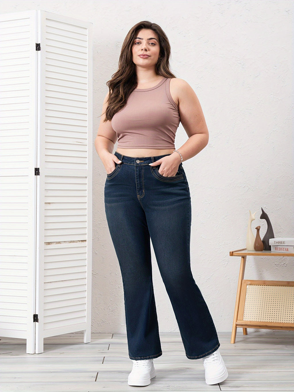 25AW Calças Flare Elegantes de Cintura Alta e Ajuste Slim, Elásticas, Denim Lavado Azul, Para Todas as Estações, Moda Versátil | Calças Flare | Ajuste Slim Confortável, Zíper, Calças Longas Casuais para Primavera/Outono, Roupas de Primavera/Outono | Denim Lavado Vintage | Jeans Plus Size