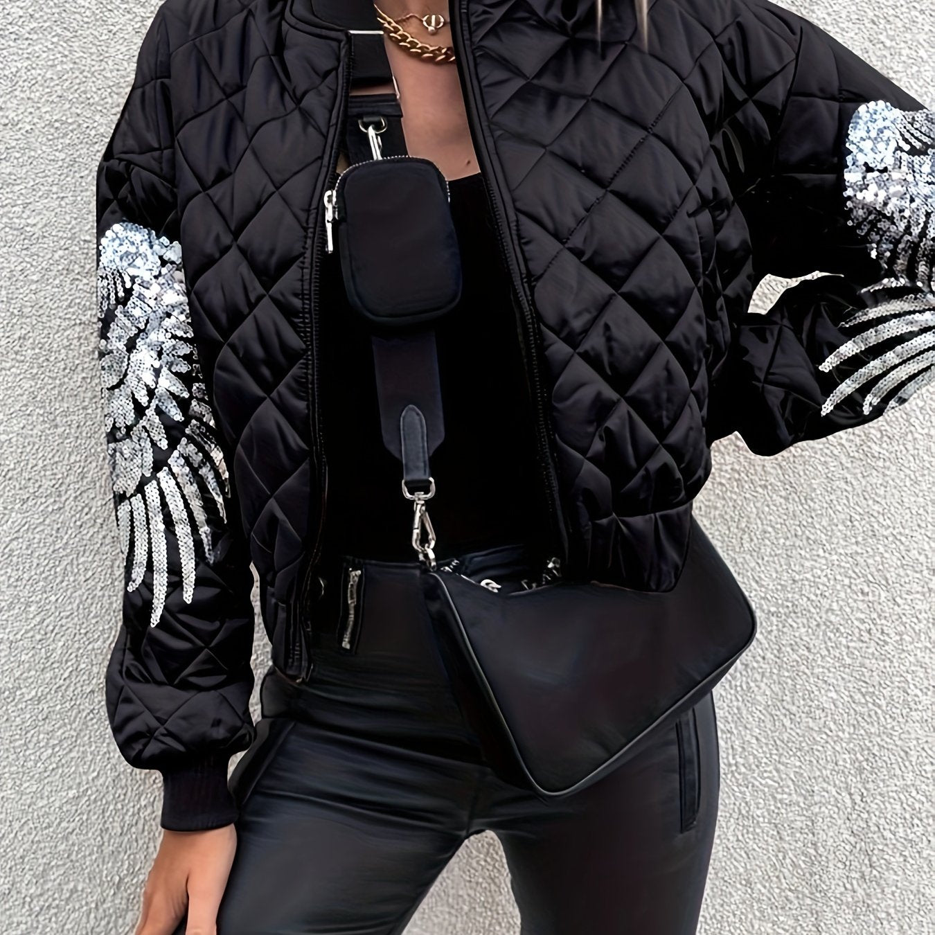 Chic Black Quilted Winter Jacket with Sequin Details