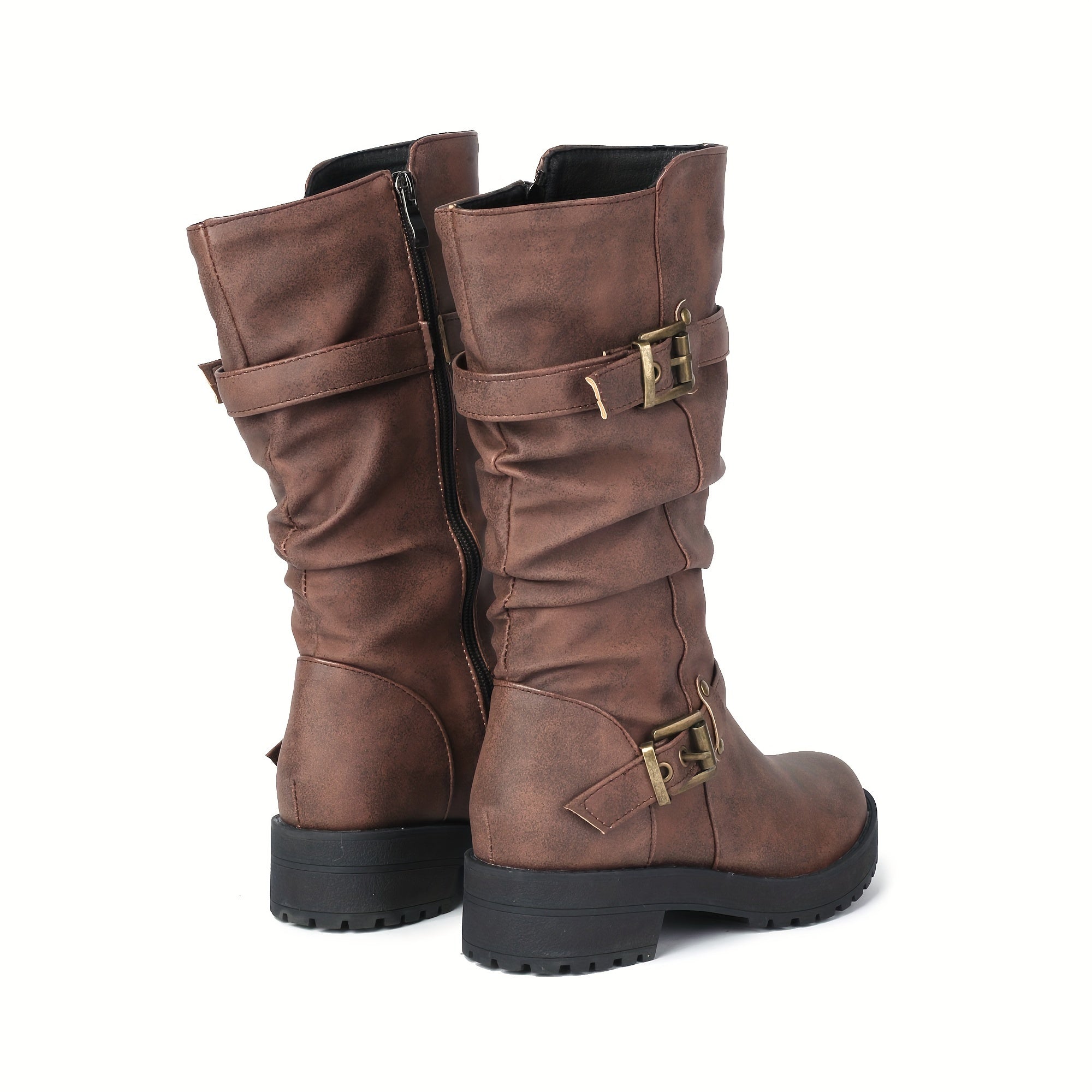 Botas de cano médio estilo retro para mulher com parte superior falsa, forro de lã, salto baixo e fecho de correr para o inverno