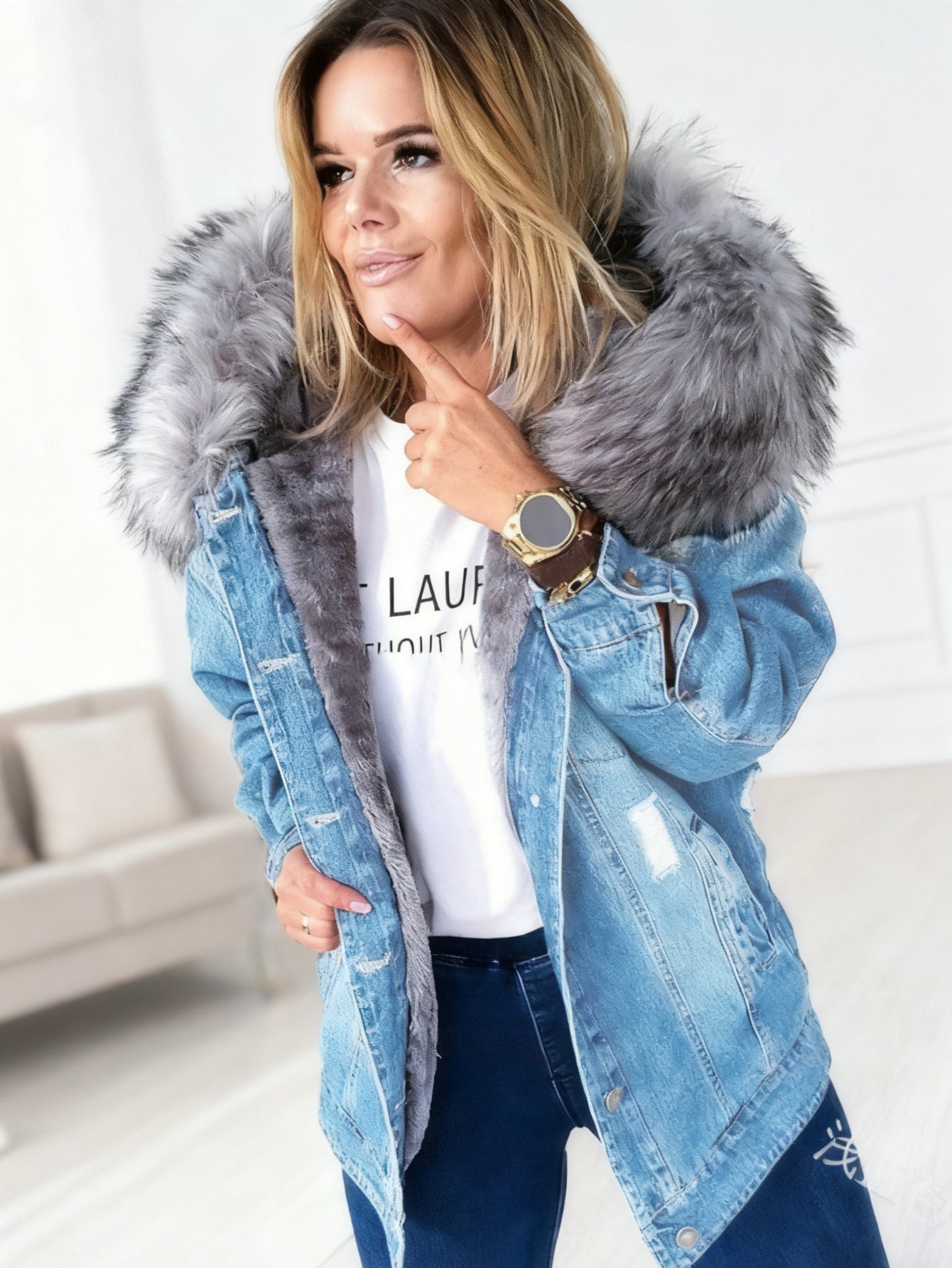 Casaco de ganga oversized vintage feminino com abdome largo e comprimento comprido e confortável - Design patchwork desgastado, bainha desfiada, tecido resistente sem elasticidade - Roupa exterior casual a formal para primavera/outono (Lavagem, Cinzento) - Roupa casual e ocasiões especiais - Ret. 2025