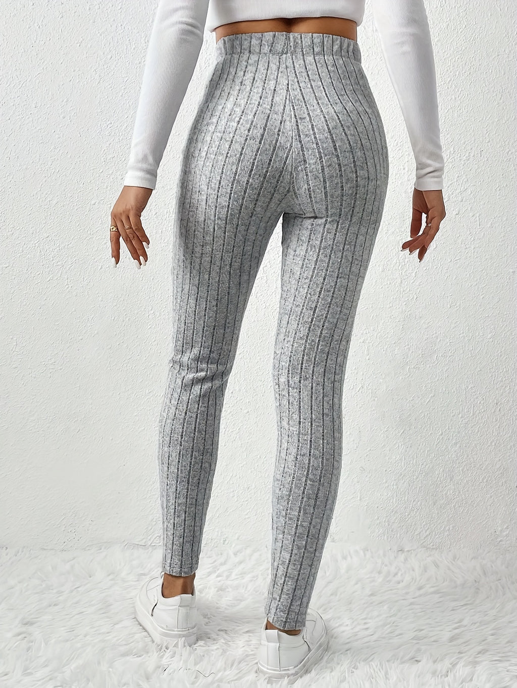 Leggings de cintura alta em cor sólida com cordão falso, com nervuras, Skinny Casual Stretchy Leggings para uso diário, Roupa de mulher