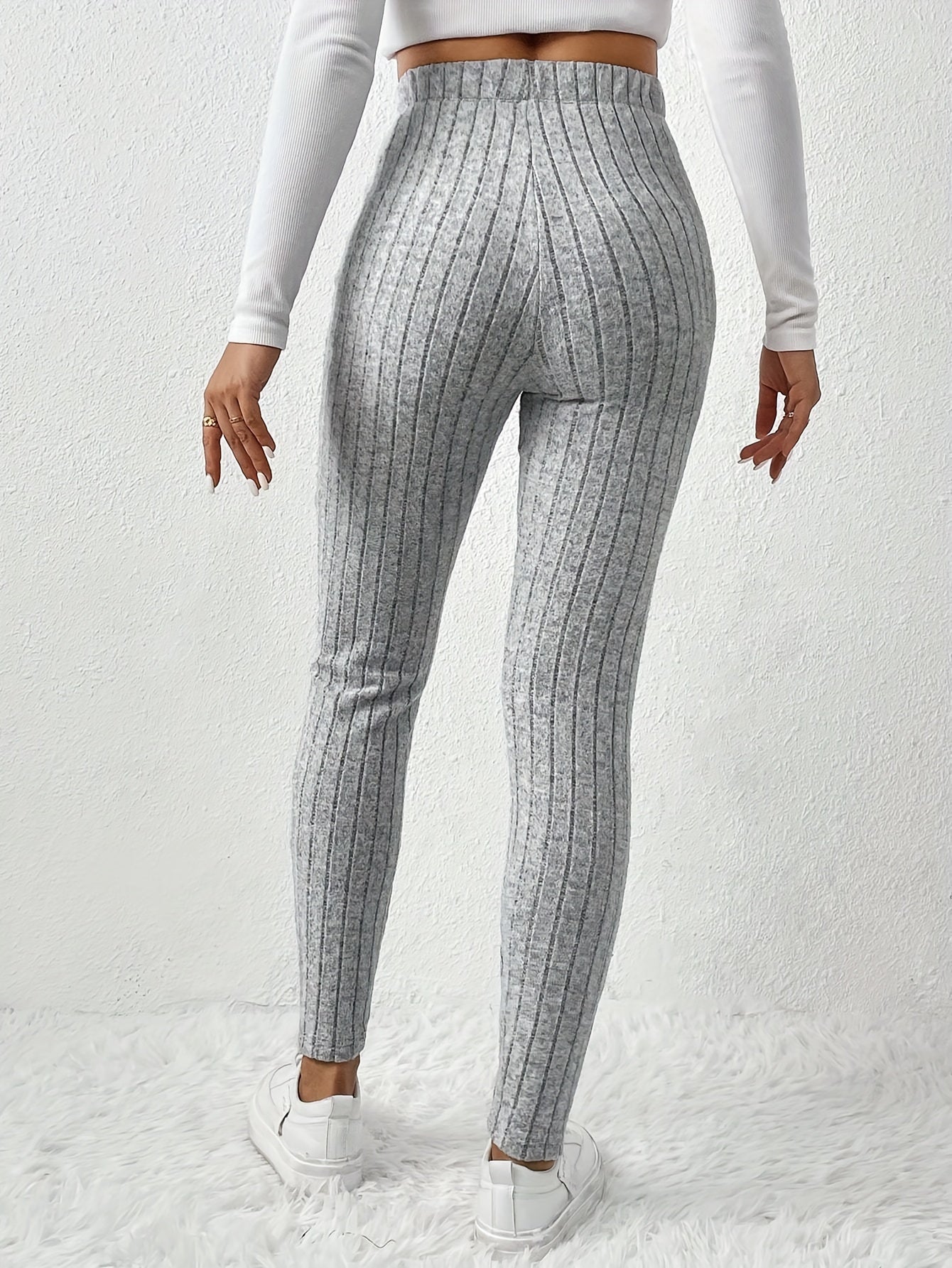 Leggings de cintura alta em cor sólida com cordão falso, com nervuras, Skinny Casual Stretchy Leggings para uso diário, Roupa de mulher