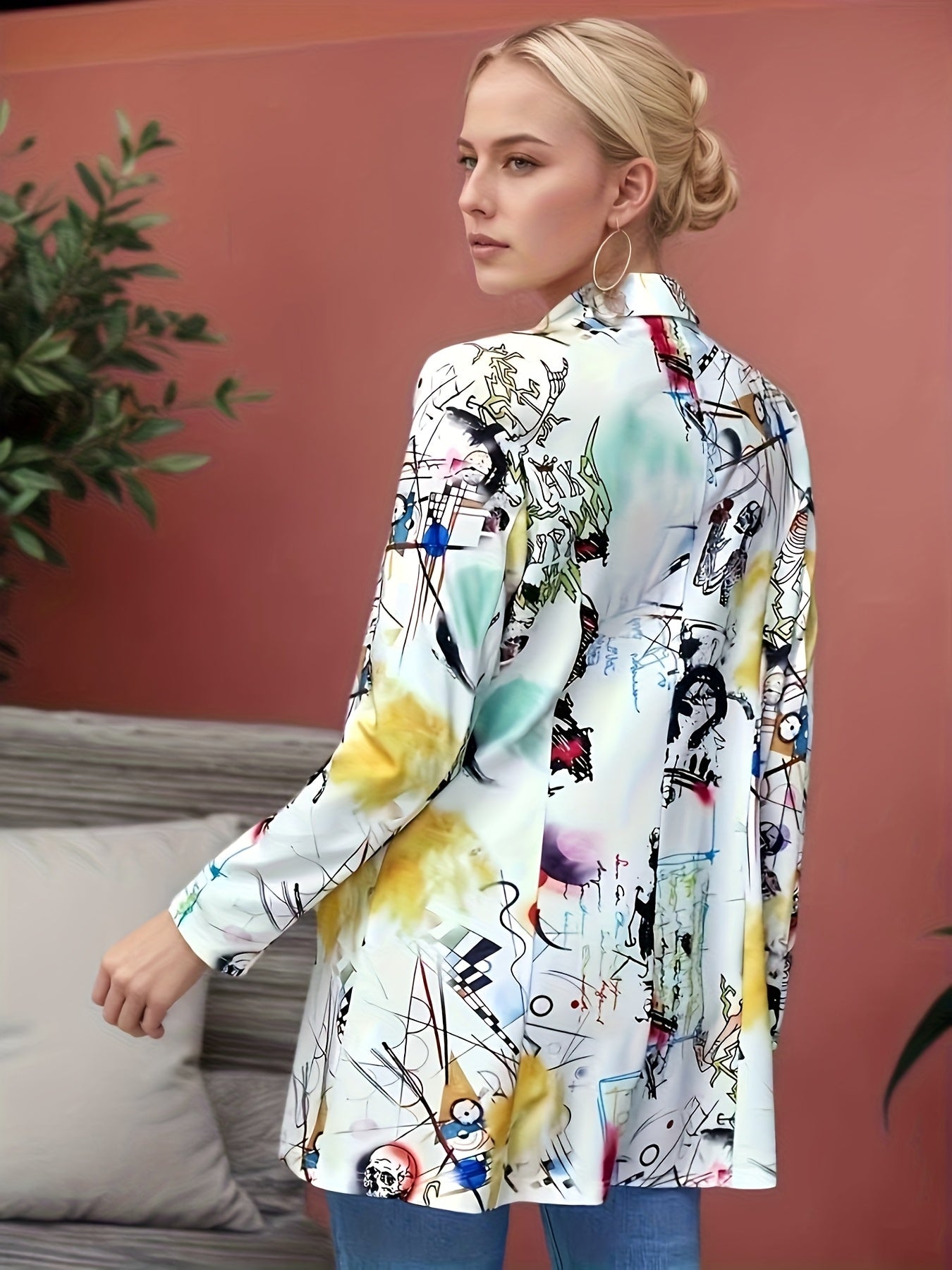 Blazer Plus Size Feminino com Estampa Neon Graffiti - Jaqueta Streetwear Retrô, Casaco Casual Solto para Mulheres Modernas