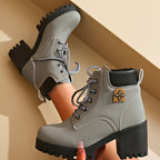 Botas de salto alto bege femininas com design de atacadores, biqueira redonda, salto bloco, botas de inverno elegantes, botas de inverno|Botas de biqueira redonda|Botas de atacadores