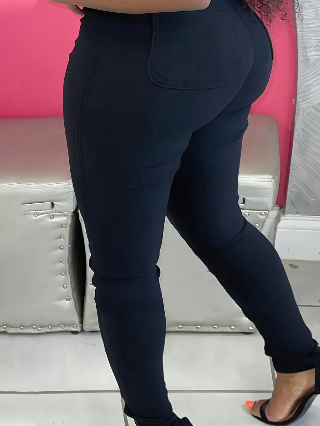 Jeans Justos Pretos Casuais de Tamanho Grande para Mulher