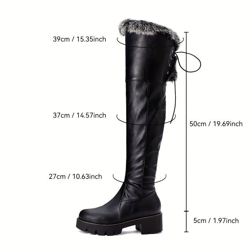 Botas de Inverno Femininas com Solado Grosso e Pelúcia - Botas Retrô de Cano Alto com Zíper, Ideais para Inverno, Looks Casuais e Clima Frio - Forro Quente e Solado de Borracha para Estabilidade (Botas)
