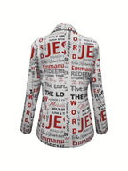 Blazer Feminino Elegante com Estampa Motivacional - Jaqueta de Manga Longa Silhueta H para Primavera/Outono, Lavável à Máquina, Tecido Não Transparente, Moda Outonal, Material Durável, Estilo Clássico e Sofisticado, Ideal para Escritório ou Casual